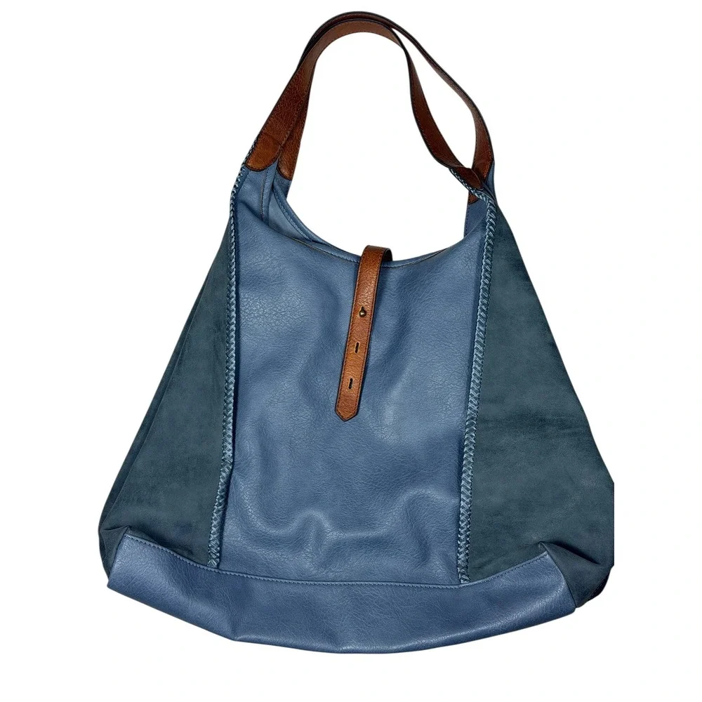 Blue Mixed Media Faux Leather Hobo Shoulder Bag with Braided Stitch Detail